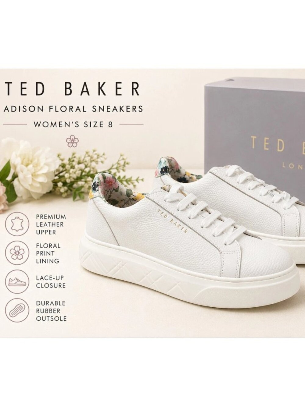 Ted Baker Women Maisie Leather Court Sneaker White Floral Low Top Platform Shoes